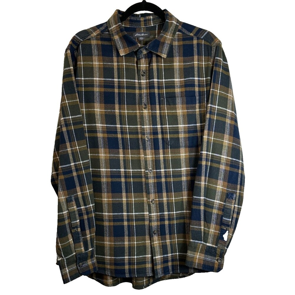 Eddie Bauer Shirt Men's Sz LG Plaid Button Up Logo Chest Pocket Outdoor Long SL